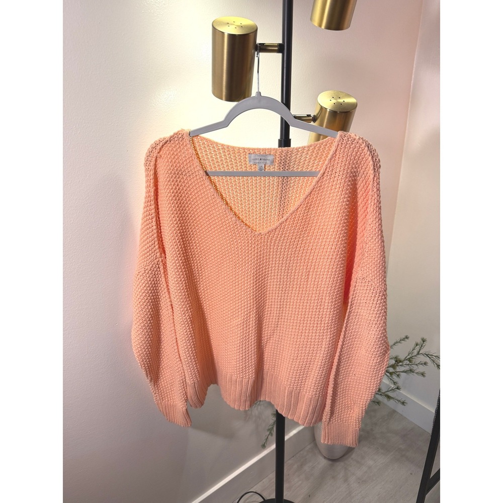 Lucky Brand peach pullover vneck sweater cableknit summer vacation cool night LG